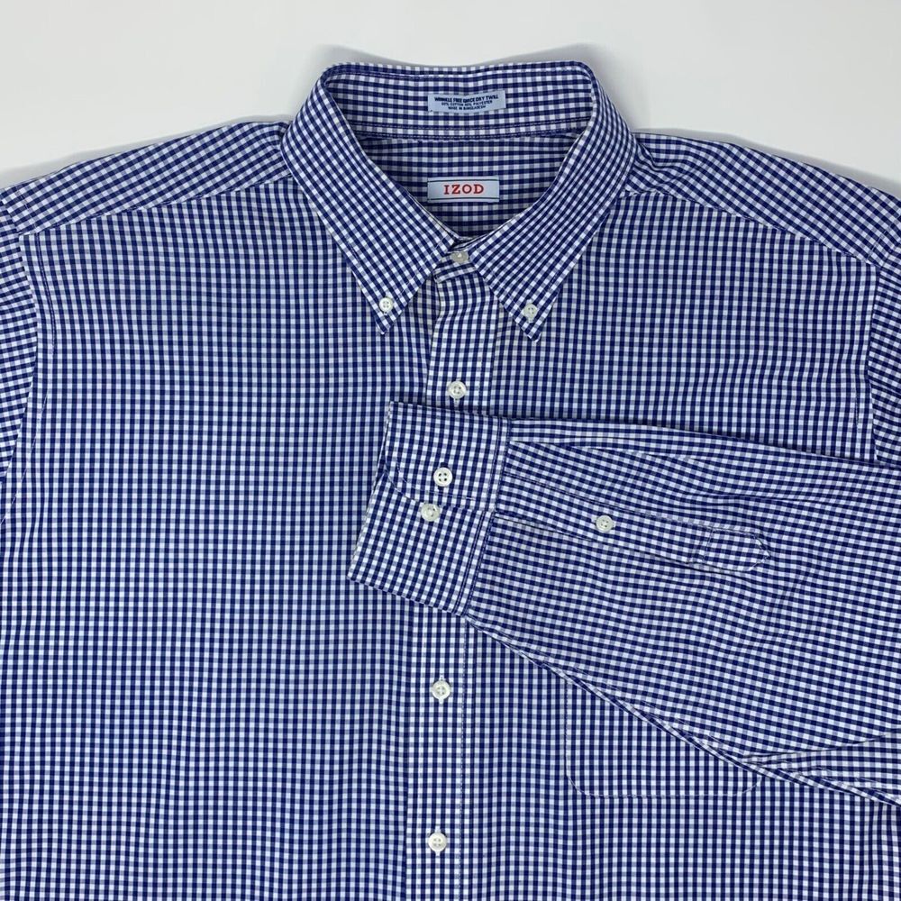 IZOD Wrinkle Free Quick Dry Twill Blue/White Check Men's Long Sleeve Shirt XL TL